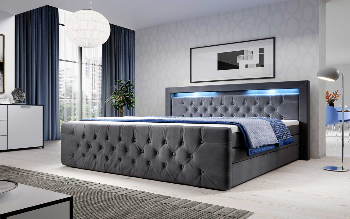 Lit boxspring Gloria 6 coloris avec LED et espaces de rangement