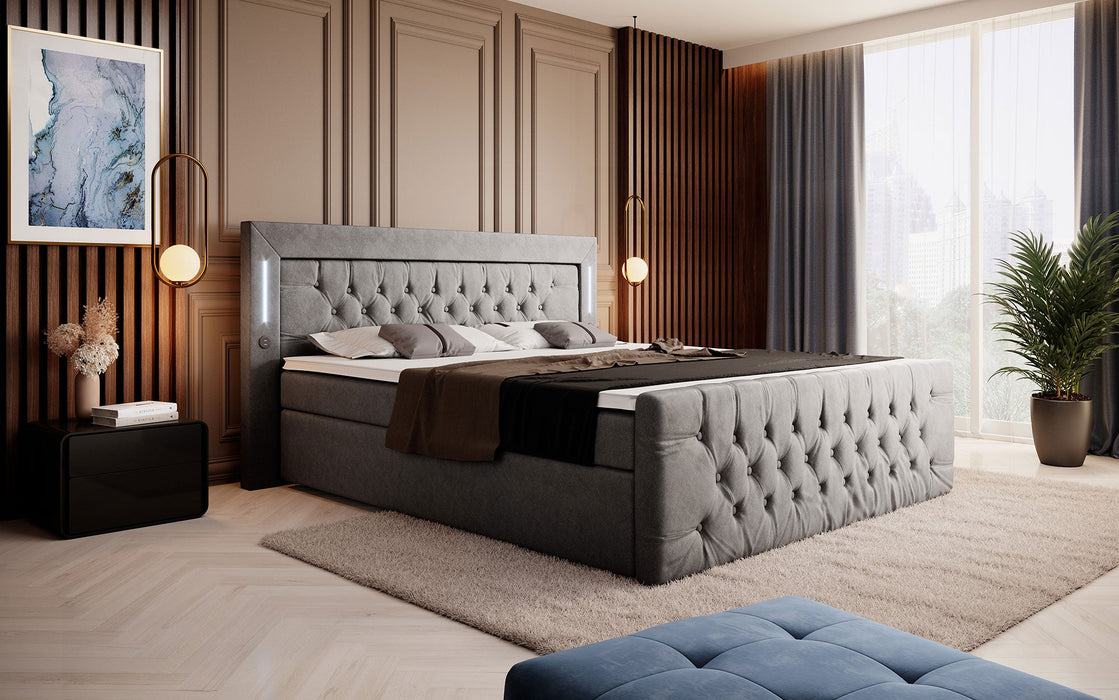 Lit boxspring Élégance 7 coloris avec LED, ports USB et coffres de rangement