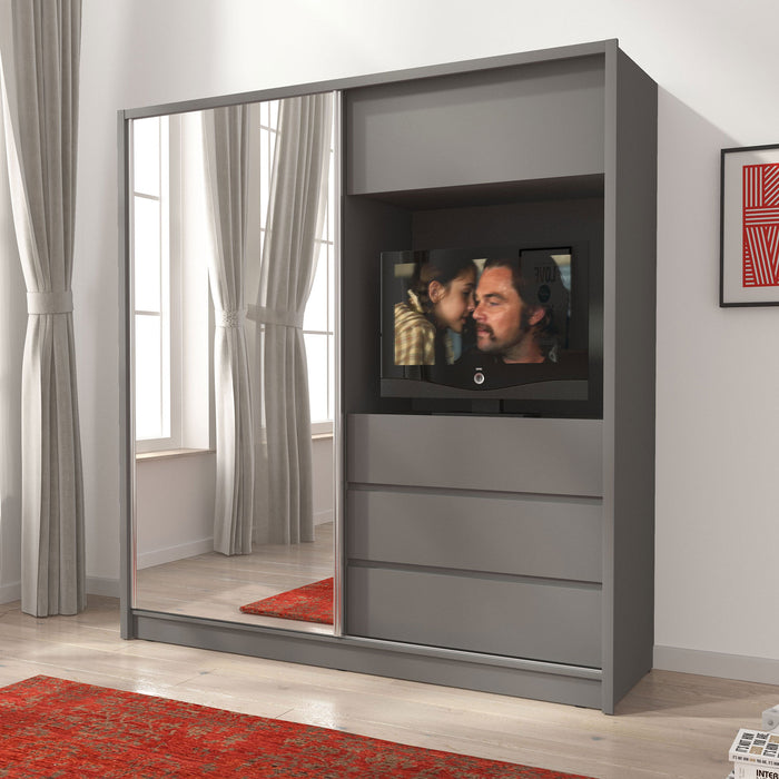 Armoire-dressing Cosmo (204x214cm) avec miroir intégré et emplacement TV