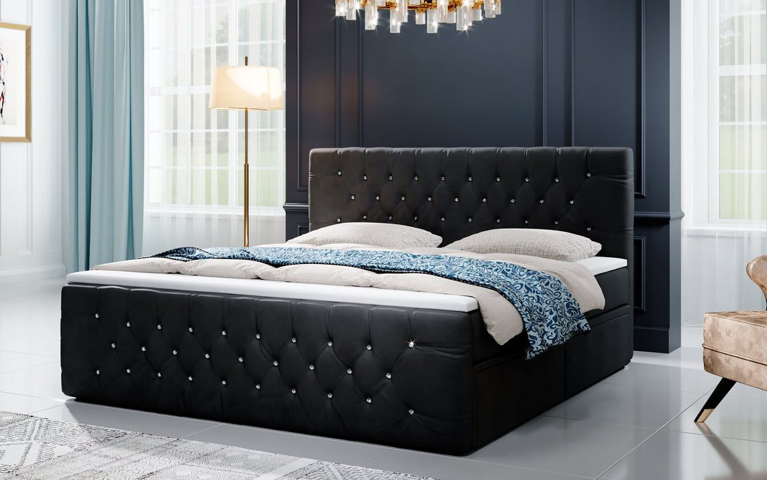 Lit boxspring Julietta avec strass et tiroirs de rangement