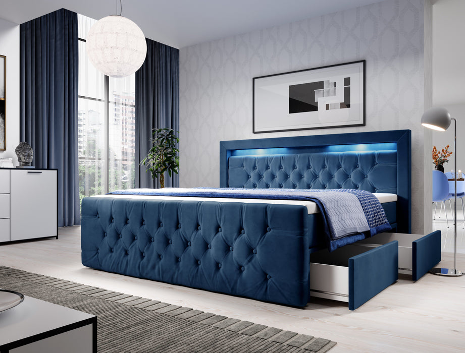Lit boxspring Sera 6 coloris avec LED et 4 tiroirs de rangement
