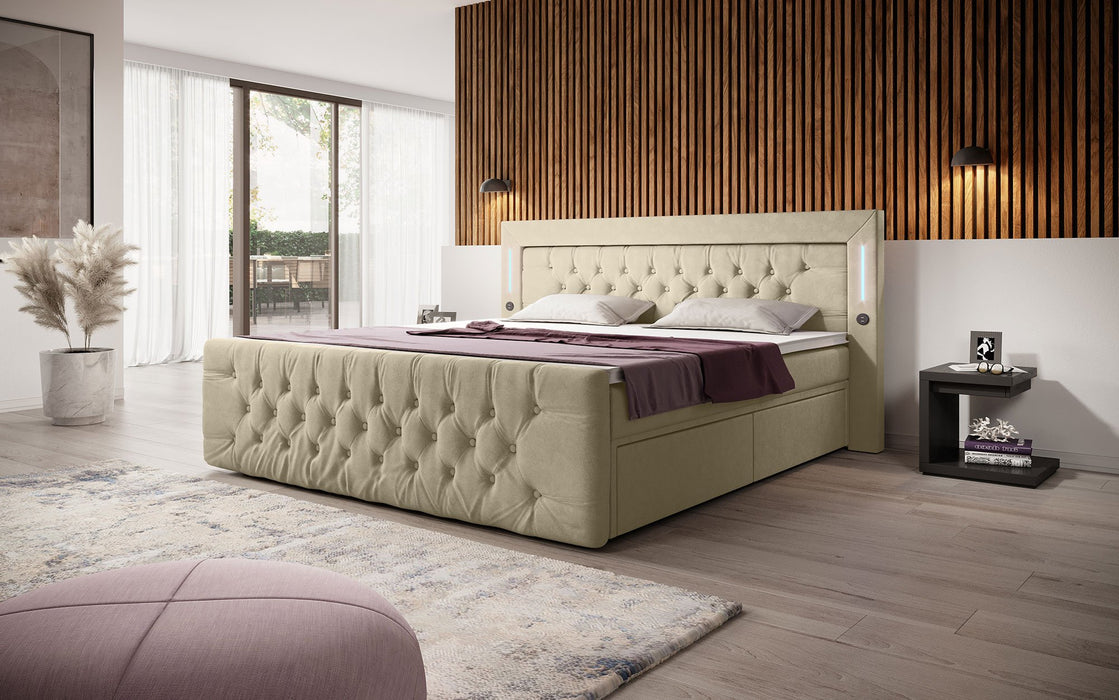 Lit boxspring Charme 7 coloris avec ports USB, LEDs et tiroirs de rangement
