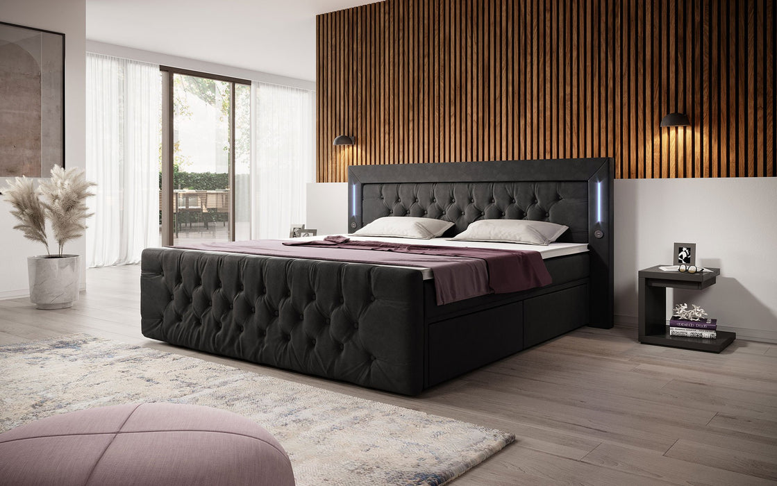 Lit boxspring Diva 7 coloris avec LEDs, ports USB et tiroirs de rangement