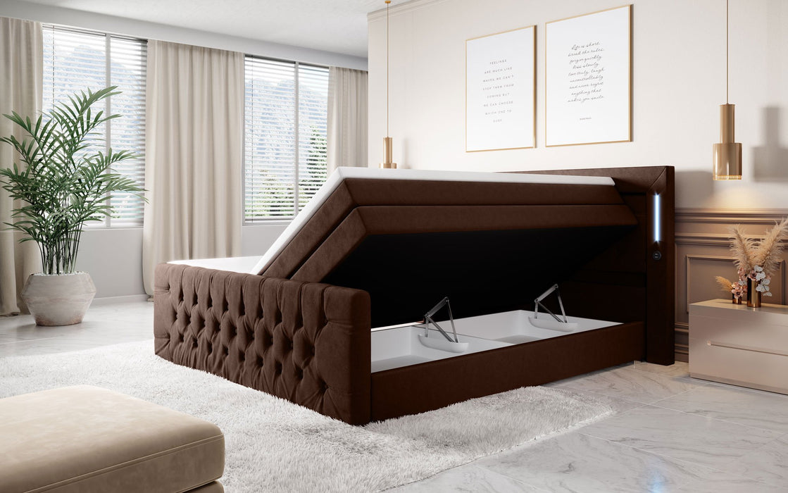 Lit boxspring Majesté avec 4 ports USBs, coffres de rangement et éclairages LED