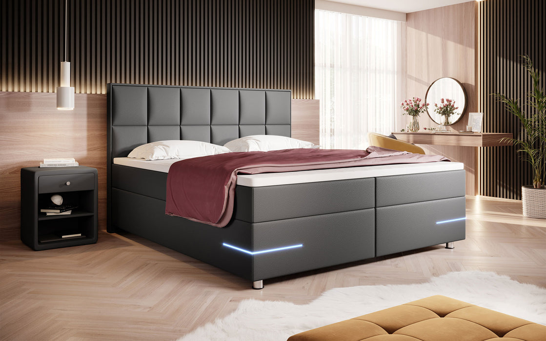 Lit boxspring Milano avec éclairages LED et pieds chromés (cuir)