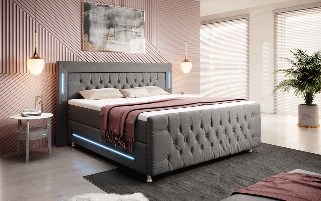 Lit boxspring Paradis 7 coloris avec ports USB, éclairages LED et pieds chromés