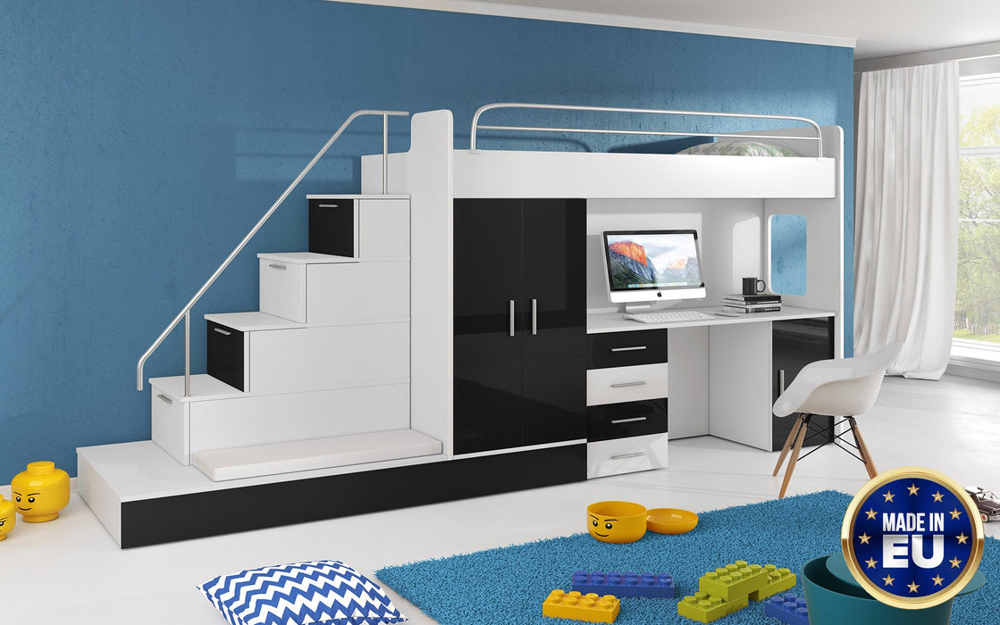 Lit combiné pour enfants Aventure avec bureau, tiroirs, armoire et lit d'appoint