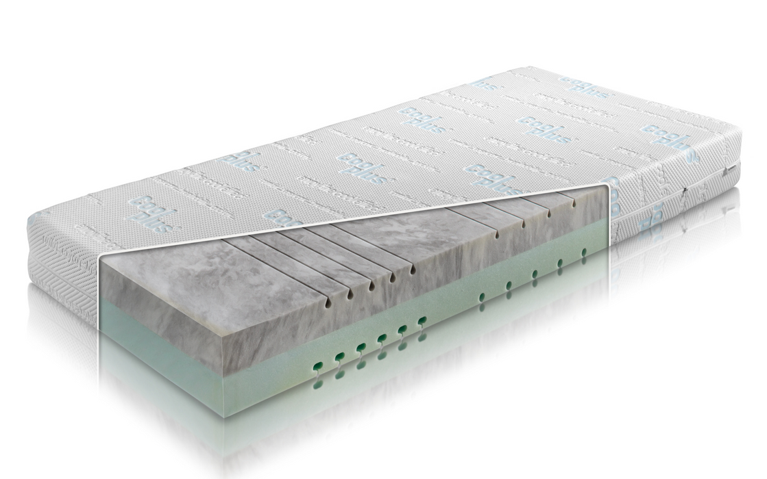 Matelas réversible Carla en mousse HRV : face moelleuse (H2) + face semi-ferme (H3)
