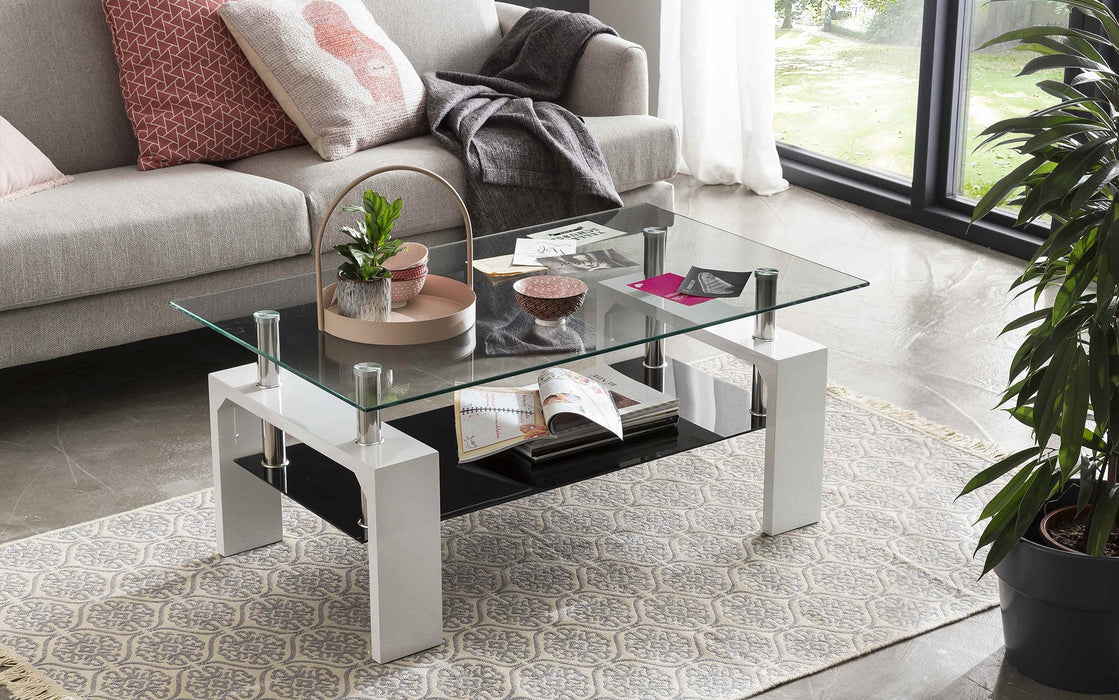 Table basse en verre trempé Ella - Finition chrome, noir et blanc