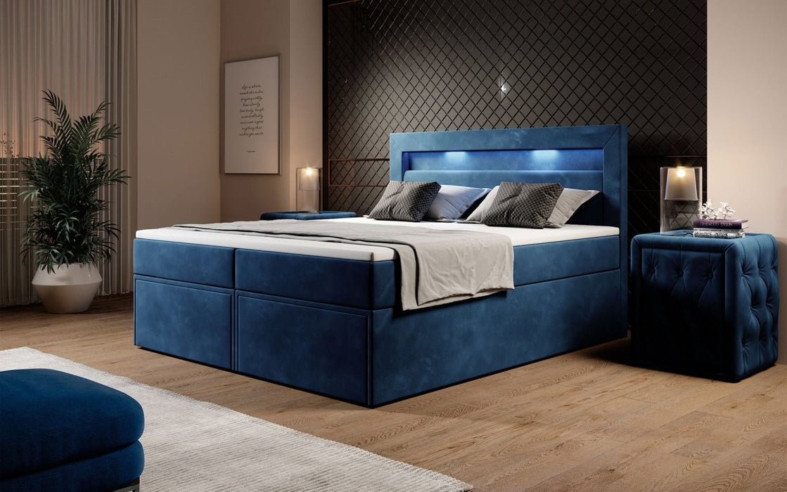 Lit boxspring Amélie en velours avec éclairages LED et rangements - 7 coloris