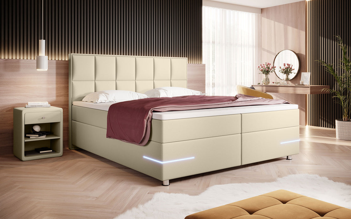 Lit boxspring Milano avec éclairages LED et pieds chromés (cuir)