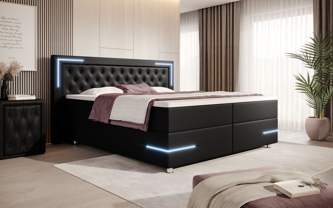 Lit boxspring Verona avec éclairages LED et coffres de rangement (cuir 4 coloris)