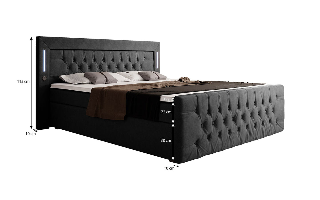 Lit boxspring Élégance 7 coloris avec LED, ports USB et coffres de rangement