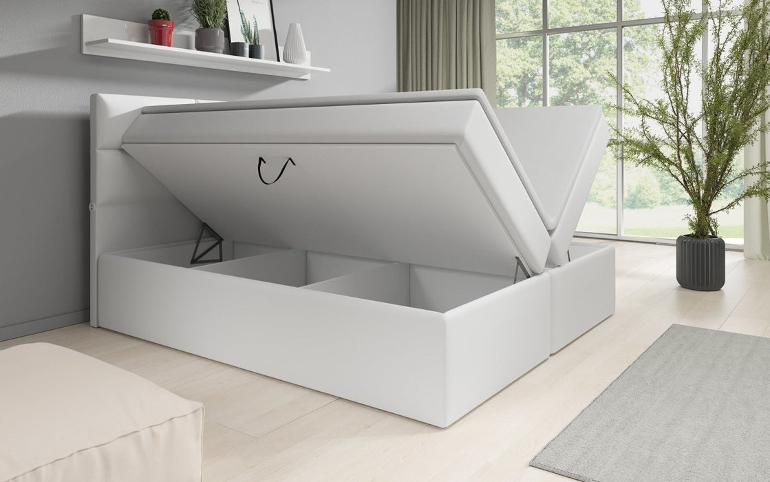 Lit boxspring Carito avec 6 coffres de rangement et ports USB