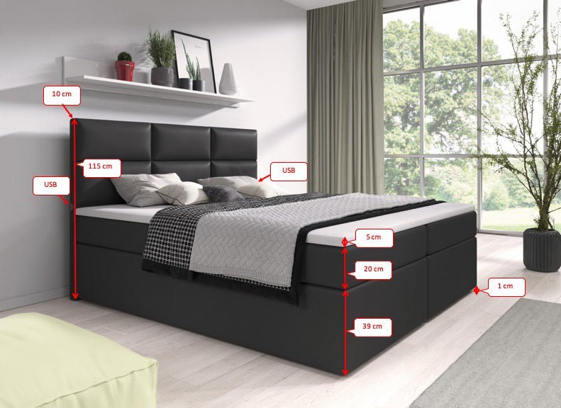 Lit boxspring Carito avec 6 coffres de rangement et ports USB