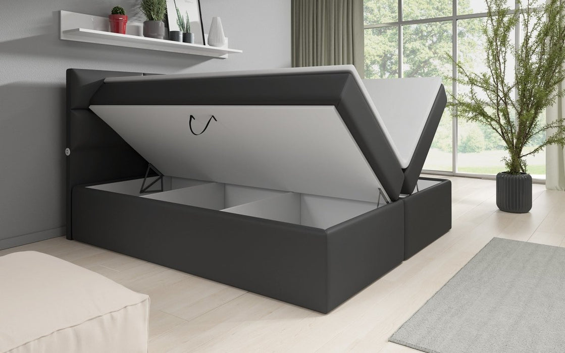 Lit boxspring Carito avec 6 coffres de rangement et ports USB