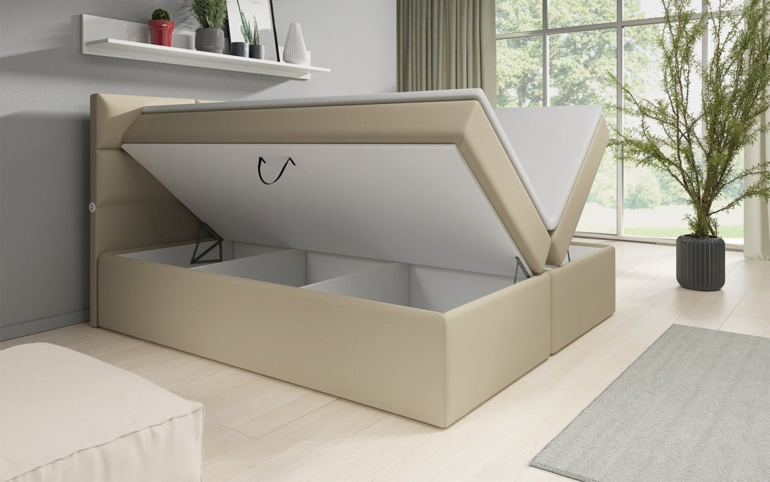 Lit boxspring Carito avec 6 coffres de rangement et ports USB