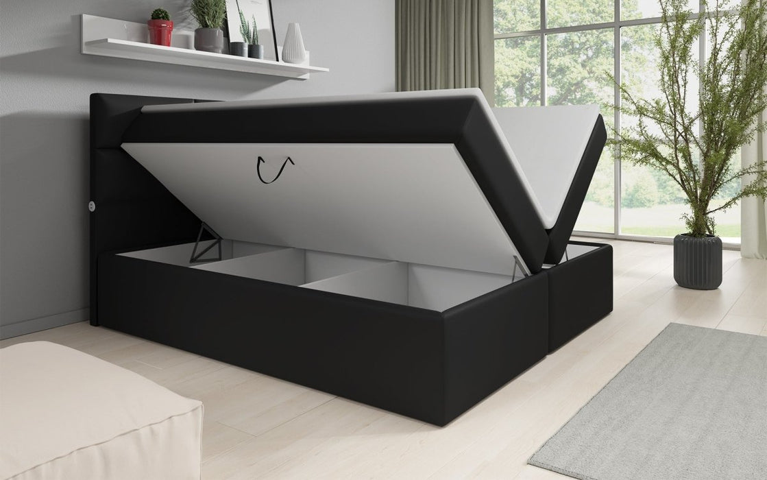 Lit boxspring Carito avec 6 coffres de rangement et ports USB