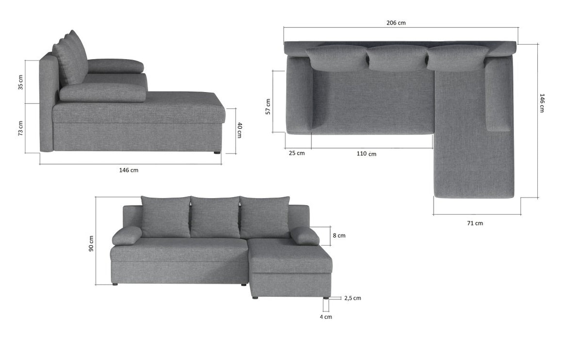 Canapé d'angle convertible Cali avec coffre de rangement et lit intégré (tissu)