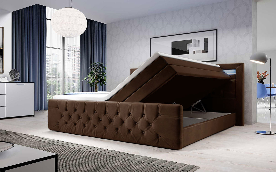 Lit boxspring Gloria 6 coloris avec LED et espaces de rangement